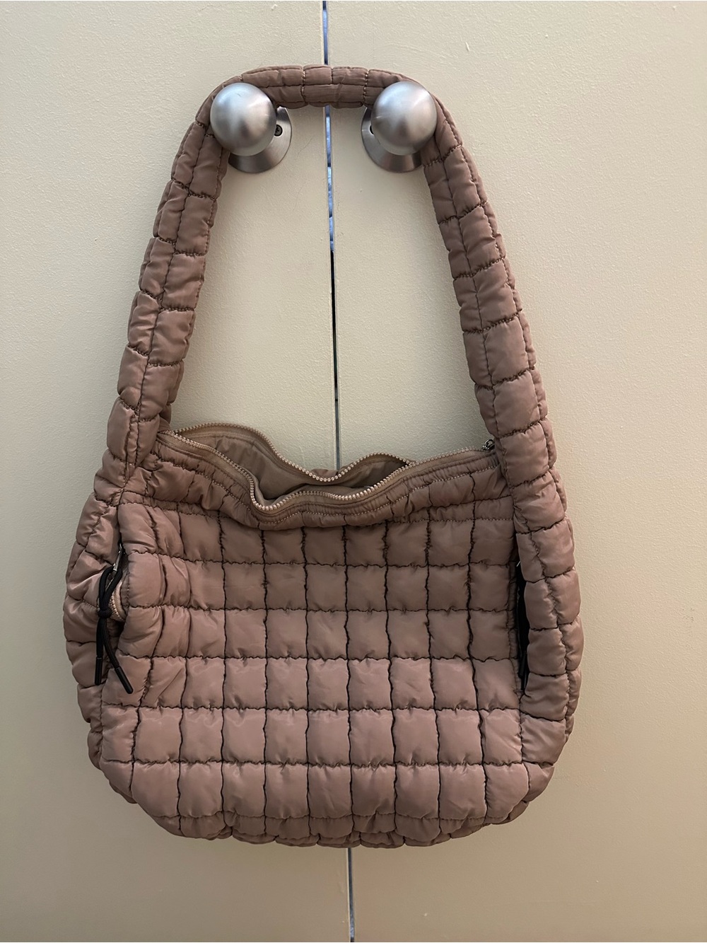 Quilted Puffer Shoulder Bag in Taupe - Casual Everyday Carry
